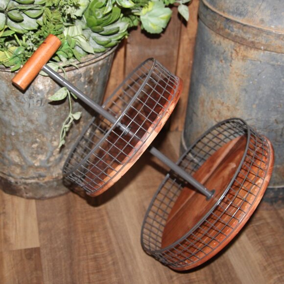 NEW Large Rustic 17.75" Iron & Wood Tiered Farmhouse Basket Stand - Picture 8 of 8